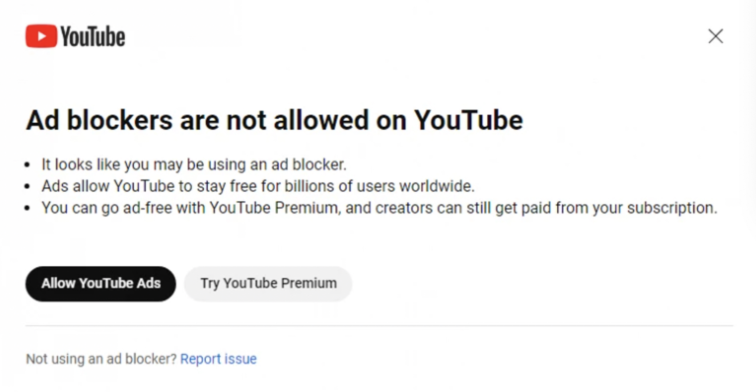 YouTube запретил просмотр видео с включенным блокировщиком рекламы (фото 1)