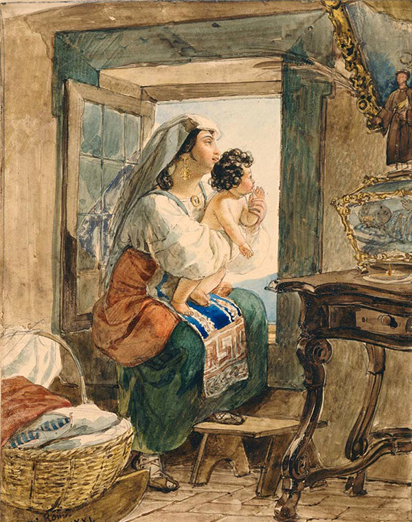 "Итальянка с ребенком у окна", 1831. Картон, акварель по подготовительному наброску карандашом, золотая краска, лак