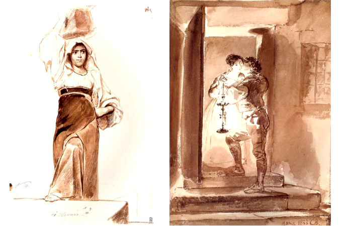 "Итальянка из Олевано" (1828-1829) и "Первый поцелуй" (1833), бумага, акварель