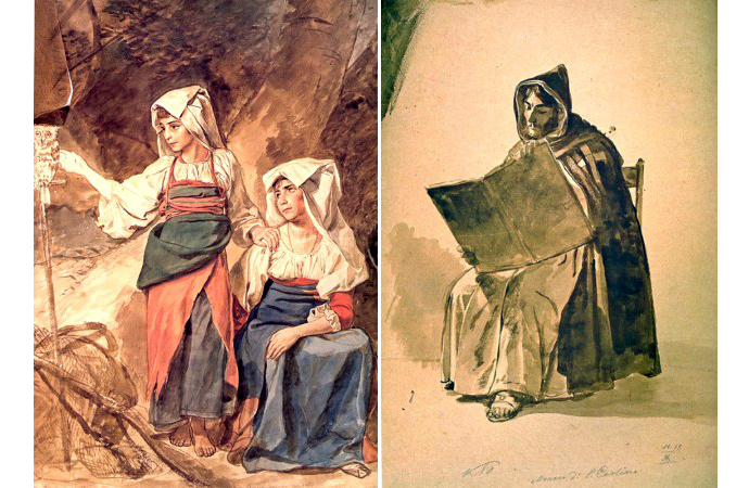 Брюллов. "Две девочки с совой" ("Охота на птиц с совой"), 1828-1829, и "Читающий монах" (1828-1829), бумага коричневая, акварель