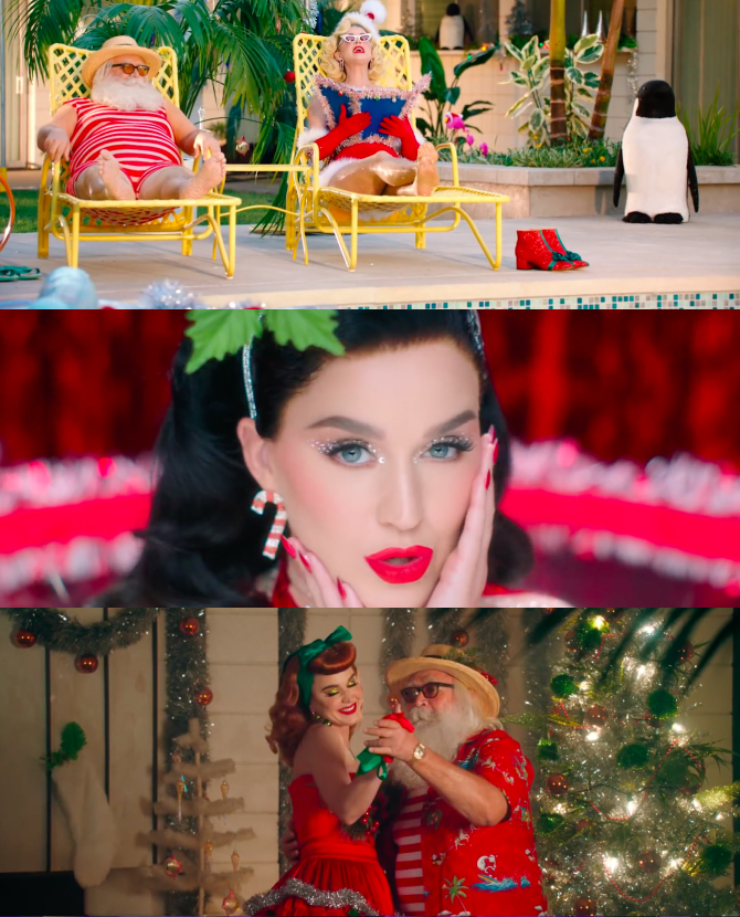 Кэти Перри отдыхает у бассейна вместе с Санта-Клаусом в клипе «Cozy Little Christmas»