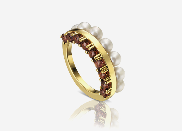 Золотое кольцо с культивированным жемчугом и гранатом из коллекции Sherel, tous.ru