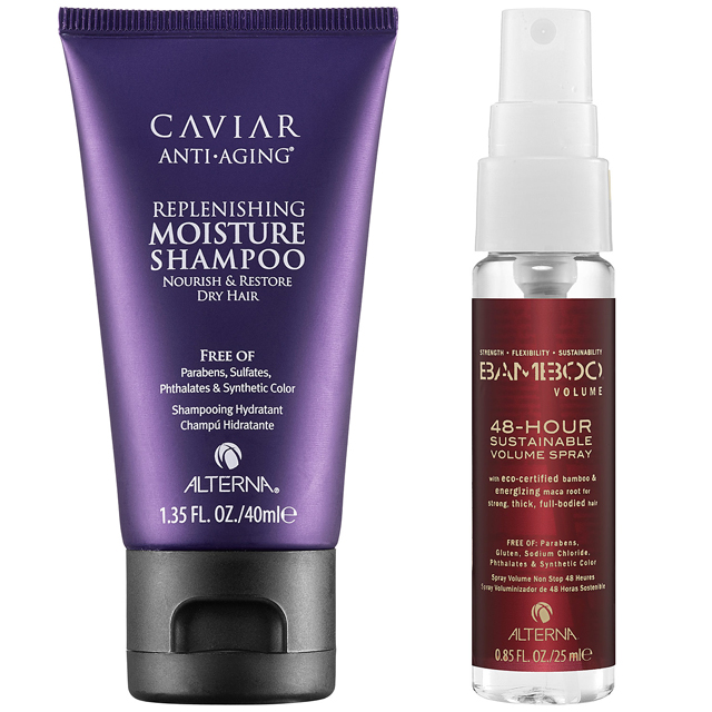 Шампунь Caviar Anti Anti-Aging Replenishing Moisture Shampoo To Go и спрей для объема Bamboo Volume 48-Hour Sustainable Volume Spray, Alterna