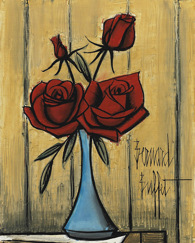 Бернар Бюффе, «Красные розы в голубой вазе»